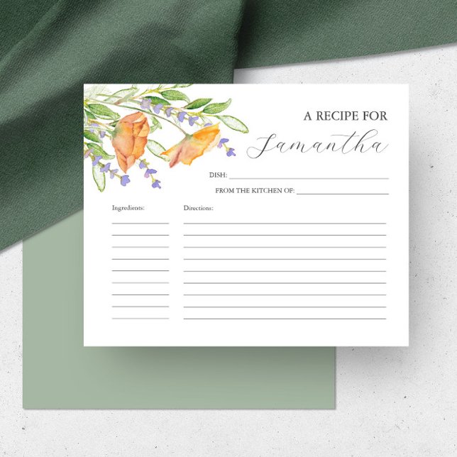 Cooking Recipe Cards Watercolor Wildflowers (bridal shower insert floral recipe card watercolor art by Victoria Grigaliunas of Do Tell A Belle)