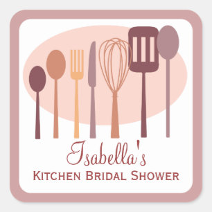 Cooking Utensils Kitchen Bridal Shower   Pink Square Sticker