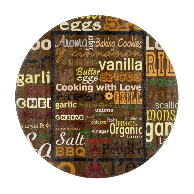 Cooking WordArt (Round) Glass Cutting Board (Front)