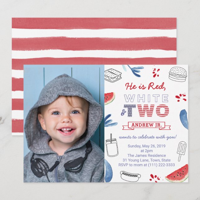 Cookout Stars and Stripes 2nd Birthday Party Photo Invitation (Front/Back)