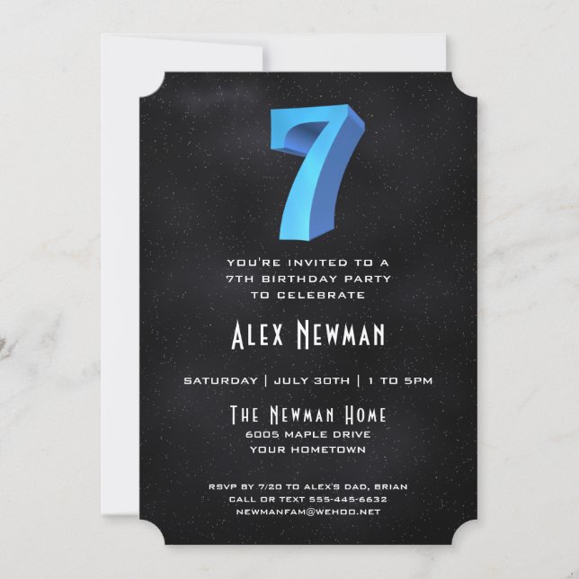 Cool 3D on Black 7th Birthday Party Invitation (Front)