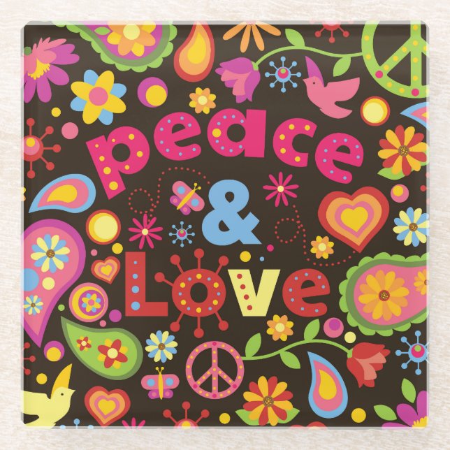 Cool 60s Style Peace & Love Glass Coaster (Front)