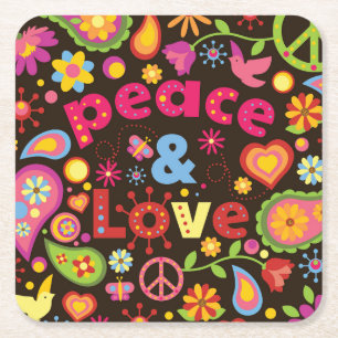 Cool 60s Style Peace & Love Square Paper Coaster