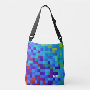   Cool 8-bit Pixel Pattern Geeky Blue Red Monogram Crossbody Bag