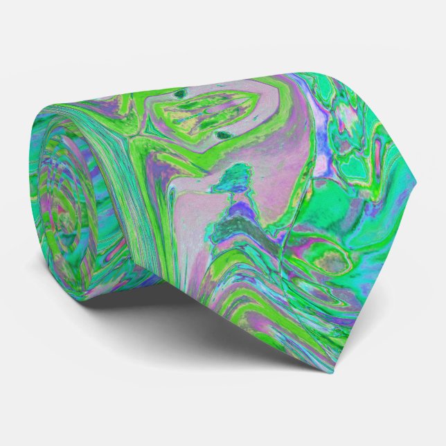 Cool Abstract Chartreuse and Blue Groovy Retro Tie (Rolled)