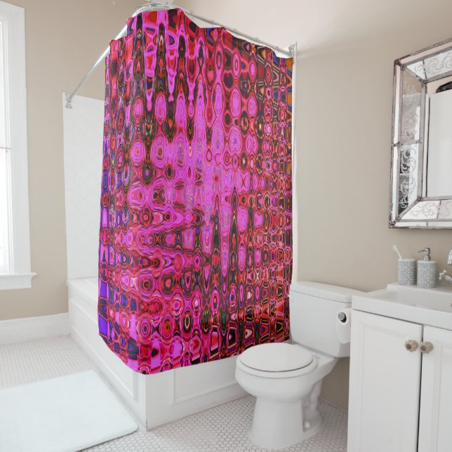 Cool Abstract Pink and Black Atomic Retro Zigzags Shower Curtain (In Situ)