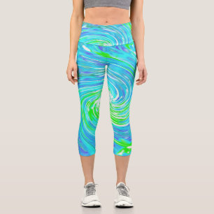 Cool Abstract Retro Aqua and Lime Green Swirl Capri Leggings