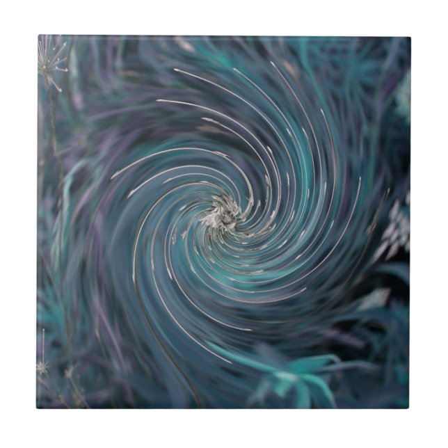 Cool Abstract Retro Black and Teal Cosmic Swirl Tile (Front)