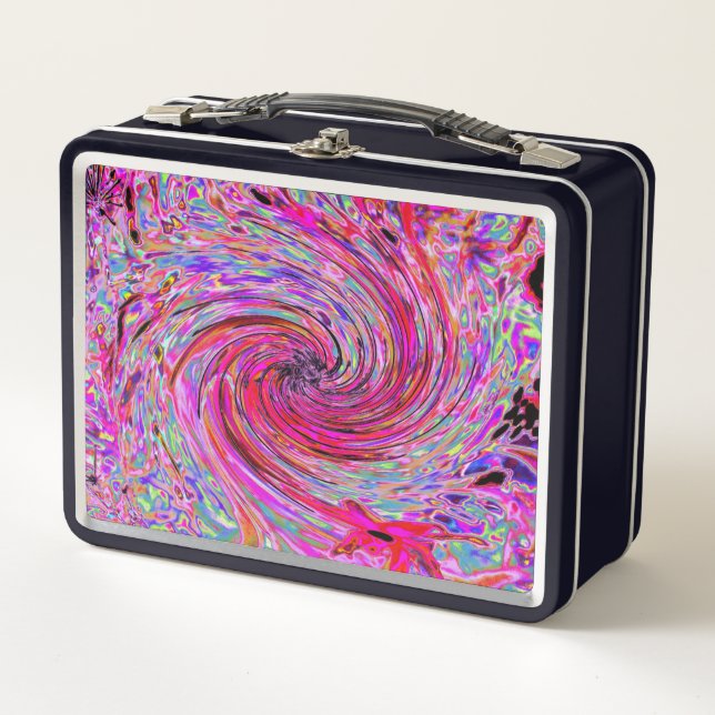 Cool Abstract Retro Hot Pink and Red Floral Swirl Metal Lunch Box (Front)