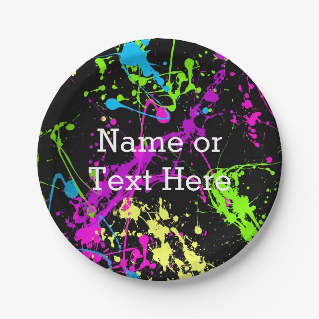 Cool Abstract Retro Rainbow Paint Splatter Black Paper Plate (Front)