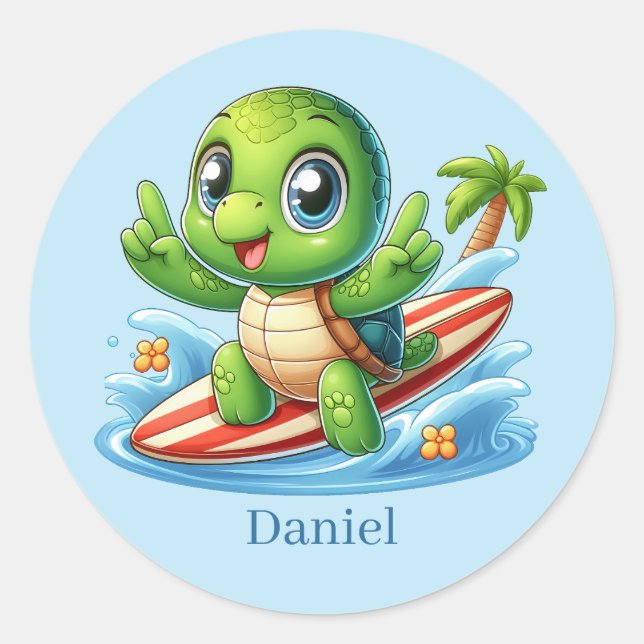 Cool add name surfing sea turtle  classic round sticker (Front)