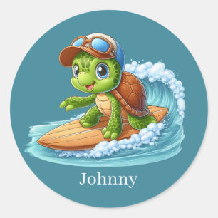 Cool add name surfing sea turtle  classic round sticker