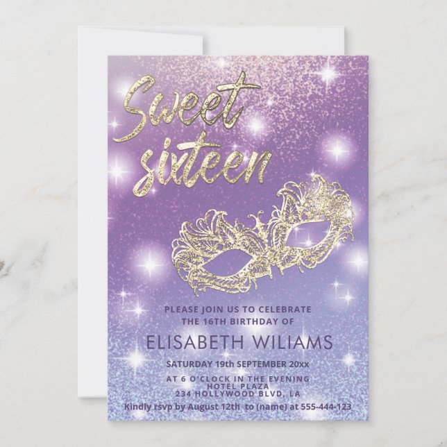 Cool Adorable Masquerade chic lilac gold glittery  Invitation (Front)