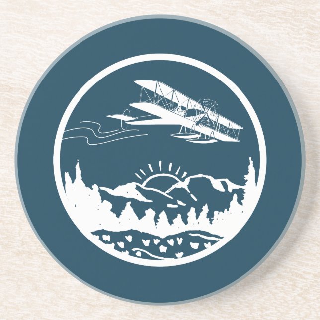 Cool Aeroplane Flying in Mountains, Blue & White Coaster (Front)