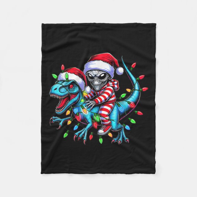 Cool Alien Riding T-rex Dinosaur Christmas Family  Fleece Blanket (Front)