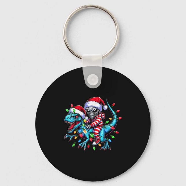 Cool Alien Riding T-rex Dinosaur Christmas Family  Key Ring (Front)