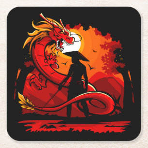 Cool and Colorful Samurai Warrior with Dragon Square Paper Coaster