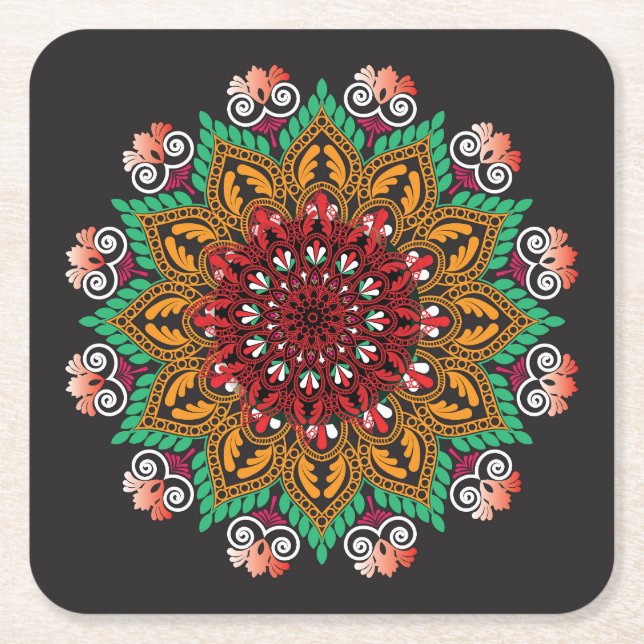 Cool and Colourful Floral Mandala Pattern Square Paper Coaster (Front)