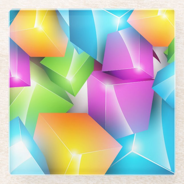 Cool and Colourful Group of 3-D Cubes Glass Coaster (Front)