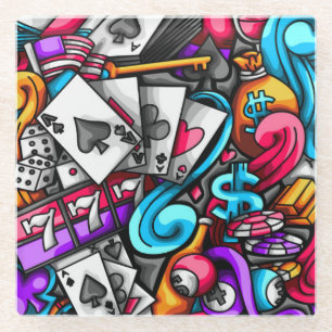 Cool and Colourful Las Vegas Casino Gambling Doodl Glass Coaster