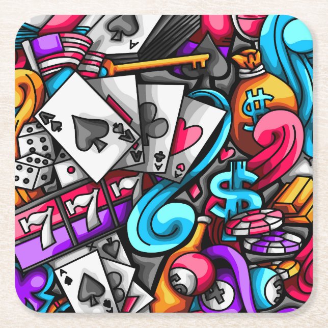 Cool and Colourful Las Vegas Casino Gambling Doodl Square Paper Coaster (Front)