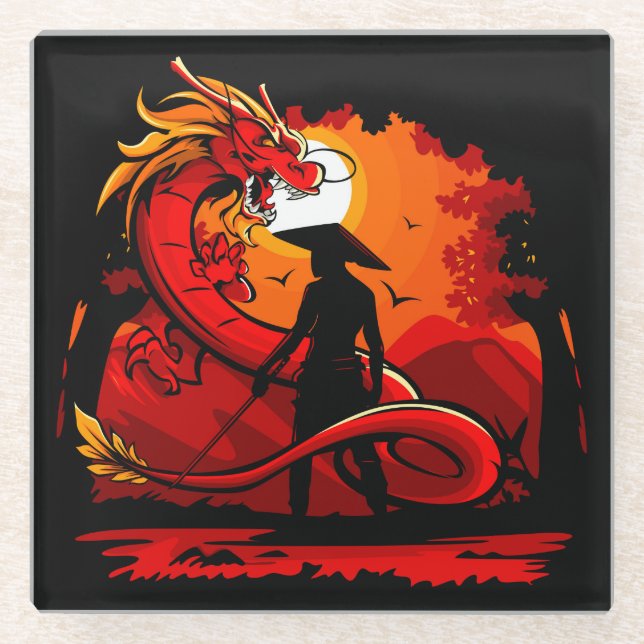 Cool and Colourful Samurai Warrior with Dragon Glass Coaster (Front)