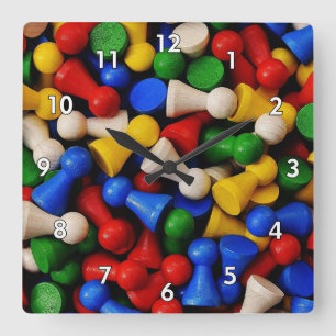 Cool and Colourful Wooden Game Piece Square Wall Clock