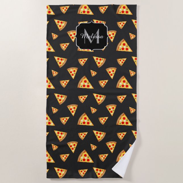 Cool and fun pizza slices pattern Monogram Beach Towel (Front)