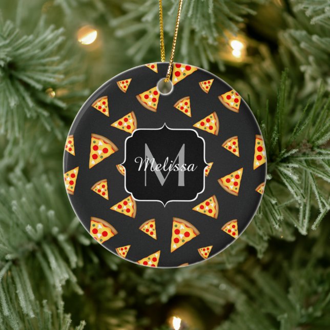 Cool and fun pizza slices pattern Monogram Ceramic Tree Decoration (Tree)