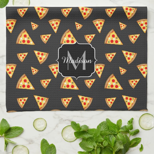 Cool and fun pizza slices pattern Monogram Kitchen Tea Towel (Folded)