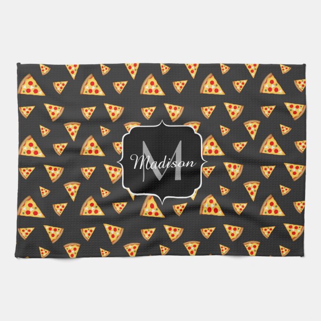 Cool and fun pizza slices pattern Monogram Tea Towel (Horizontal)