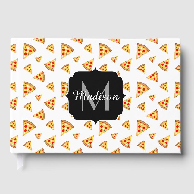 Cool and fun pizza slices pattern Monogram white Guest Book (Front)