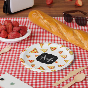 Cool and fun pizza slices pattern Monogram white Paper Plate