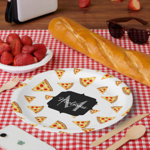 Cool and fun pizza slices pattern Monogram white Paper Plate