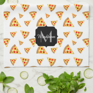 Cool and fun pizza slices pattern Monogram white Tea Towel