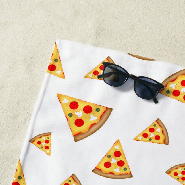 Cool and fun pizza slices pattern on white beach towel (In Situ)