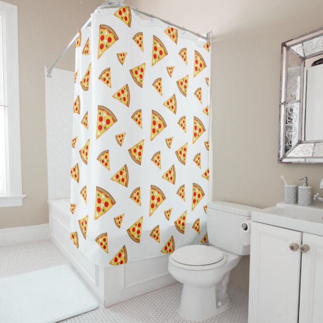 Cool and fun pizza slices pattern on white shower curtain (In Situ)