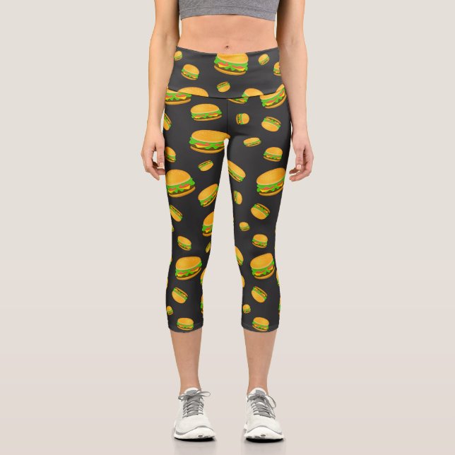 Cool and fun yummy burger pattern capri leggings (Front)