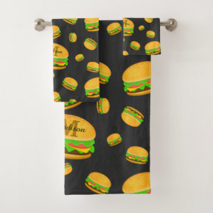 Cool and fun yummy burger pattern Monogram Bath Towel Set
