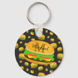 Cool and fun yummy burger pattern Monogram Key Ring