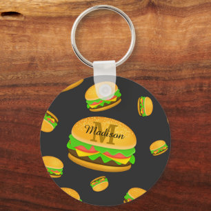 Cool and fun yummy burger pattern Monogram Key Ring