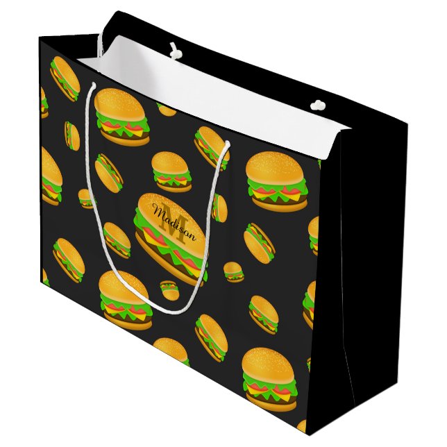 Cool and fun yummy burger pattern Monogram Large Gift Bag (Front Angled)