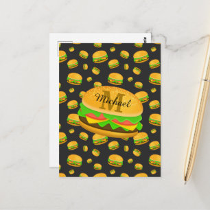 Cool and fun yummy burger pattern Monogram Postcard