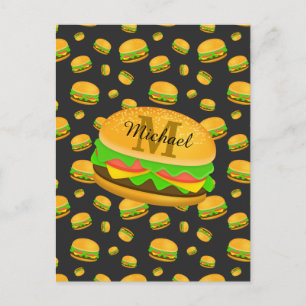 Cool and fun yummy burger pattern Monogram Postcard