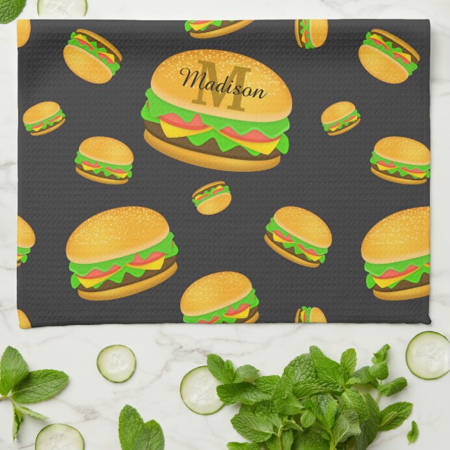 Cool and fun yummy burger pattern Monogram Tea Towel (Folded)