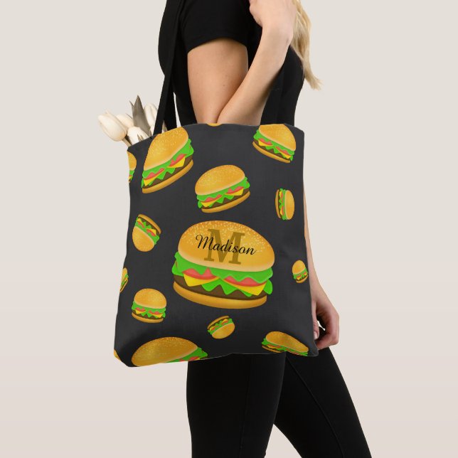 Cool and fun yummy burger pattern Monogram Tote Bag (Close Up)