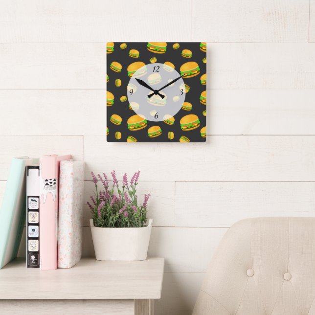 Cool and fun yummy burger pattern with numbers square wall clock (Reading Room)