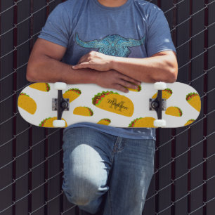 Cool and fun yummy taco pattern Monogram white Skateboard