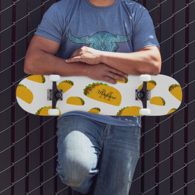 Cool and fun yummy taco pattern Monogram white Skateboard (Outdoor 3)