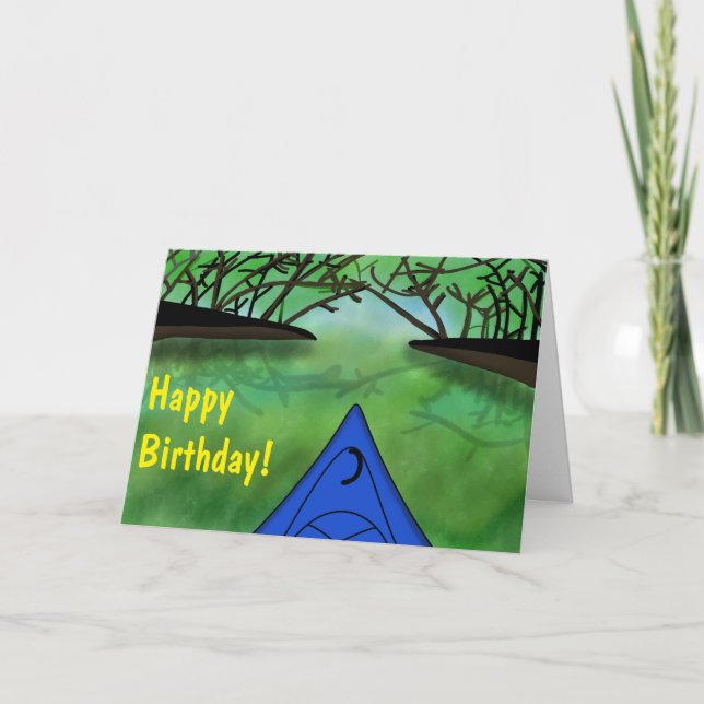Cool and Peaceful Forest and Blue Kayak Birthday Card (Front)